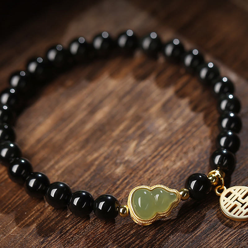 KarmaRipple's Authentic Black Obsidian Hetian Jade Gourd Double Happiness Strength Bracelet p11