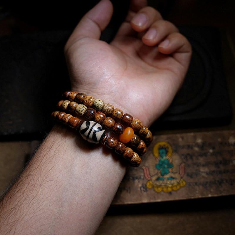 KarmaRipple's Tibetan Bodhi Seed Amber Dzi Bead Agate Zakiram Goddess of Wealth Beadwork Triple Wrap Bracelet p4