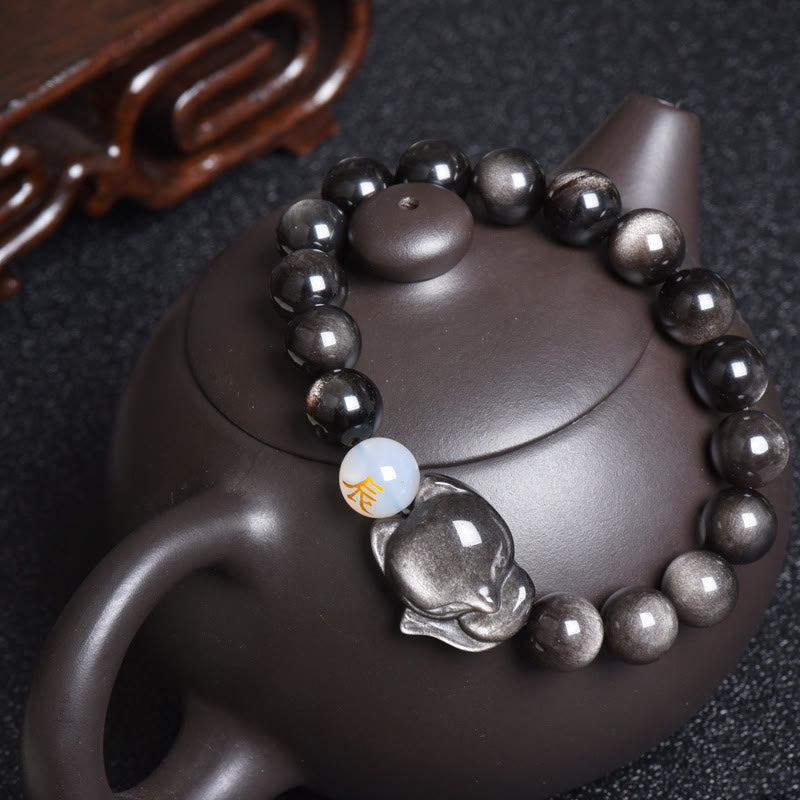 KarmaRipple's Authentic Rainbow Obsidian Gold Sheen Obsidian Silver Sheen Obsidian Fox Balancing Bracelet p48