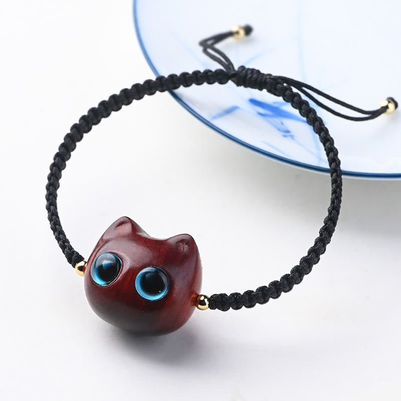 KarmaRipple's Small Leaf Red Sandalwood Ebony Wood Cute Cat Head Calm Protection Woven Bracelet p1