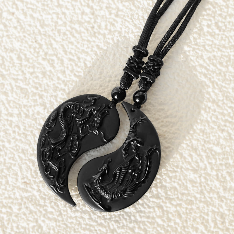 KarmaRipple's Black Obsidian Yin Yang Dragon Phoenix Fortune Pendant Necklace p6