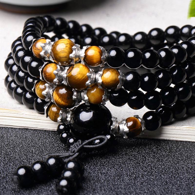 KarmaRipple's 108 Beadwork Authentic Black Obsidian Tiger Eye Mala Bracelet p9