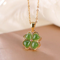 KarmaRipple's 925 Sterling Silver Hetian Cyan Jade Fortunate Four Leaf Clover Balancing Pendant Necklace