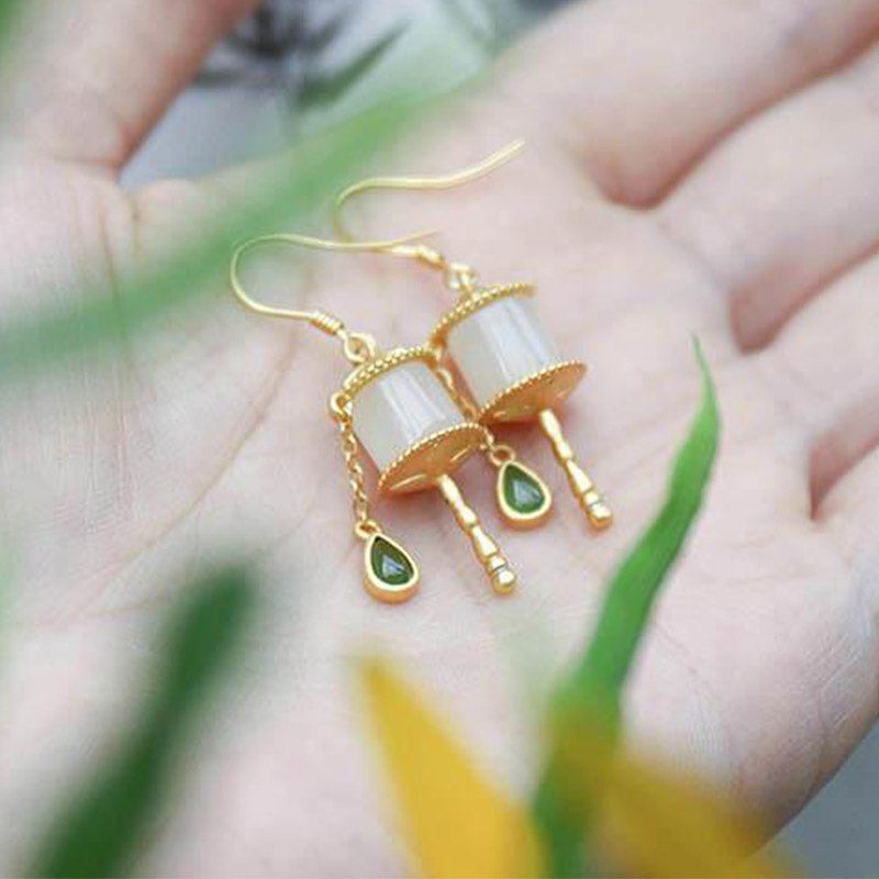 KarmaRipple's 925 Sterling Silver Jade Prayer Wheel Fortune Drop Earrings p3