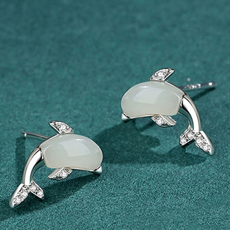 KarmaRipple's 925 Sterling Silver Cute Dolphin Hetian Jade Red Agate Fortune Pendant Necklace Ring Earrings Set p23