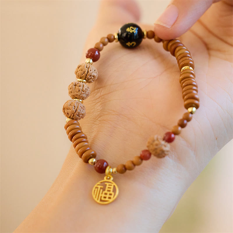 KarmaRipple's Tibetan Bodhi Seed Black Onyx Smoky Quartz Om Mani Padme Hum Fu Character Wealth Bracelet p1