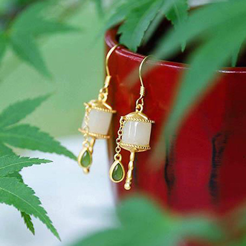 KarmaRipple's 925 Sterling Silver Jade Prayer Wheel Fortune Drop Earrings p2