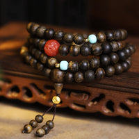 KarmaRipple's 108 Mala Beadwork Agarwood Red Agate Turquoise Peace Meditation Bracelet