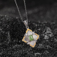 KarmaRipple's 925 Sterling Silver Plated Gold Hetian Cyan Jade Rhombus Design Fortune Balancing Pendant Necklace