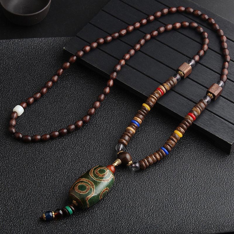 KarmaRipple's Turquoise Dzi Bead Prayer Wheel Wenge Wood Meditation Pendant p2