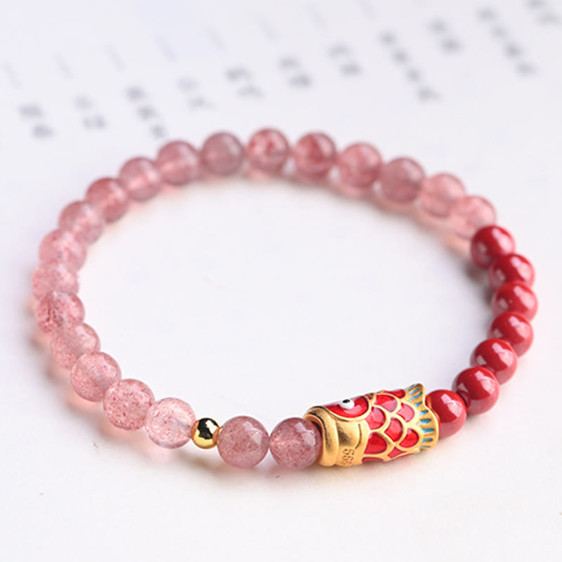 KarmaRipple's Authentic Strawberry Quartz Cinnabar Fortunate Koi Fish Balancing Bracelet p15
