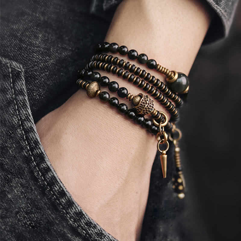 KarmaRipple's Rainbow Obsidian Ebony Wood Bronze Positive Multilayer Bracelet p11