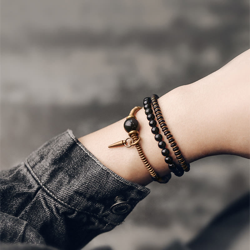 KarmaRipple's Rainbow Obsidian Ebony Wood Bronze Balancing Triple Wrap Bracelet p8