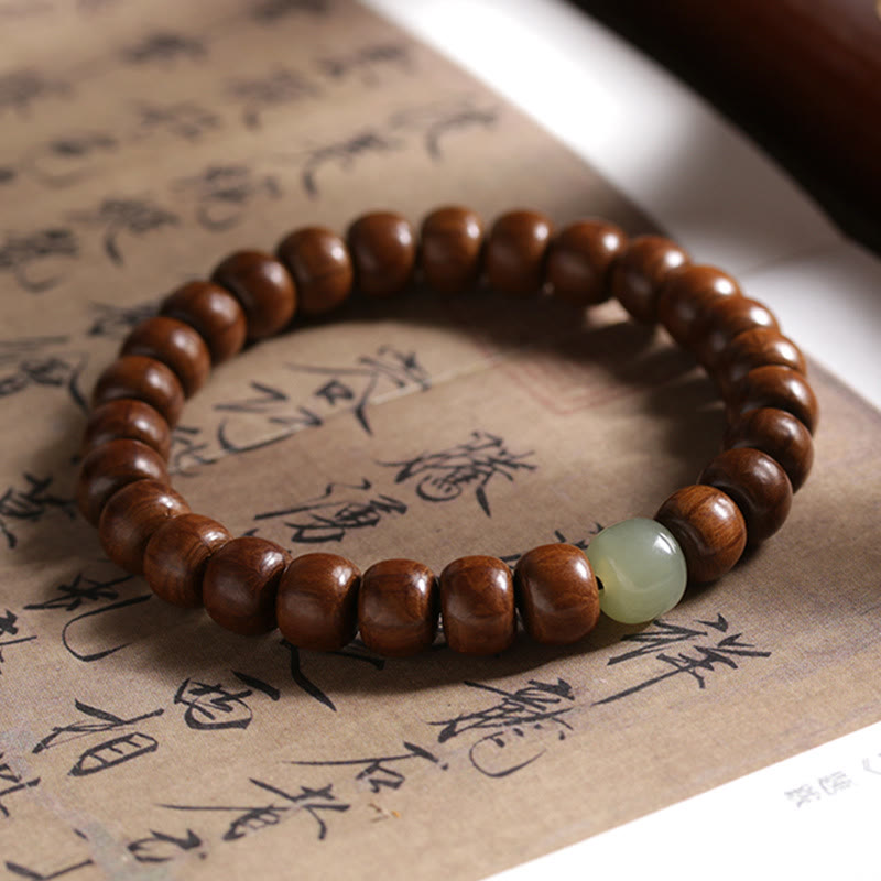 KarmaRipple's Authentic Abelia Biflora Wood Hetian Jade Bamboo Bead Warding Off Evil Spirits Bracelet p22