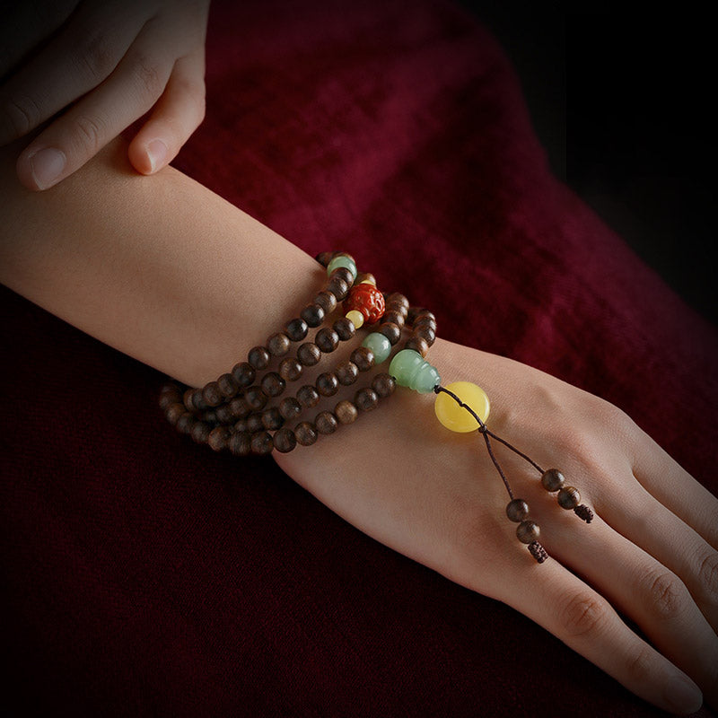 KarmaRipple's 108 Mala Beadwork Kalimantan Agarwood Gourd Jade Amber Balance Bracelet p6
