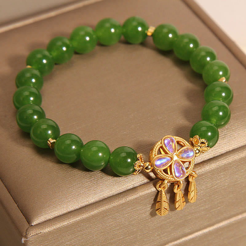 KarmaRipple's Green Jade Dreamcatcher Four Leaf Clover Fortune Bracelet p3