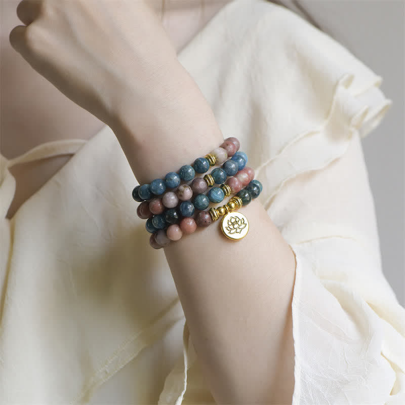 KarmaRipple's Lazurite Picasso Jasper Amazonite Rhodonite Apatite Positive Lotus Prayer Bead Bracelet p16