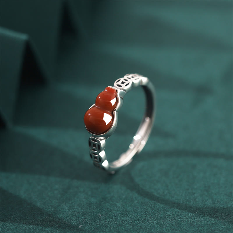 KarmaRipple's 925 Sterling Silver Red Agate Gourd Bronze Coin Self-acceptance Ring p1