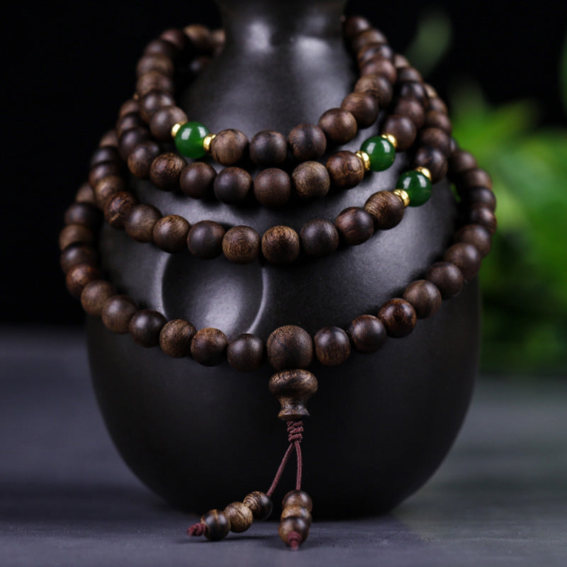 KarmaRipple's 108 Mala Beadwork Indonesia Tarakan Rare Agarwood Cyan Jade Ward Off Evil Spirits Bracelet p25