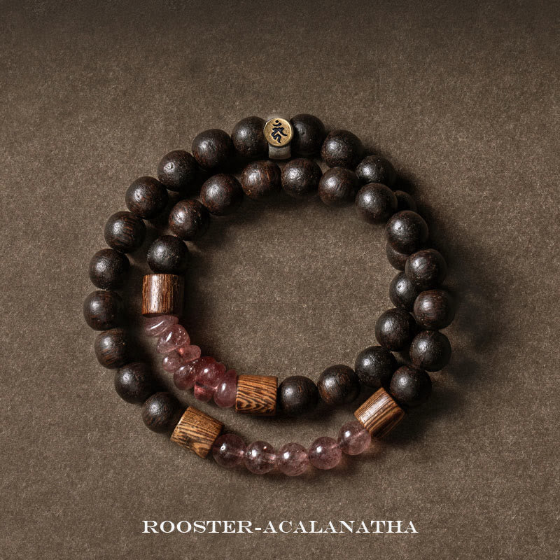 KarmaRipple's 925 Sterling Silver Chinese Zodiac Natal Buddha Agarwood Strawberry Quartz Peace Double Wrap Bracelet p46