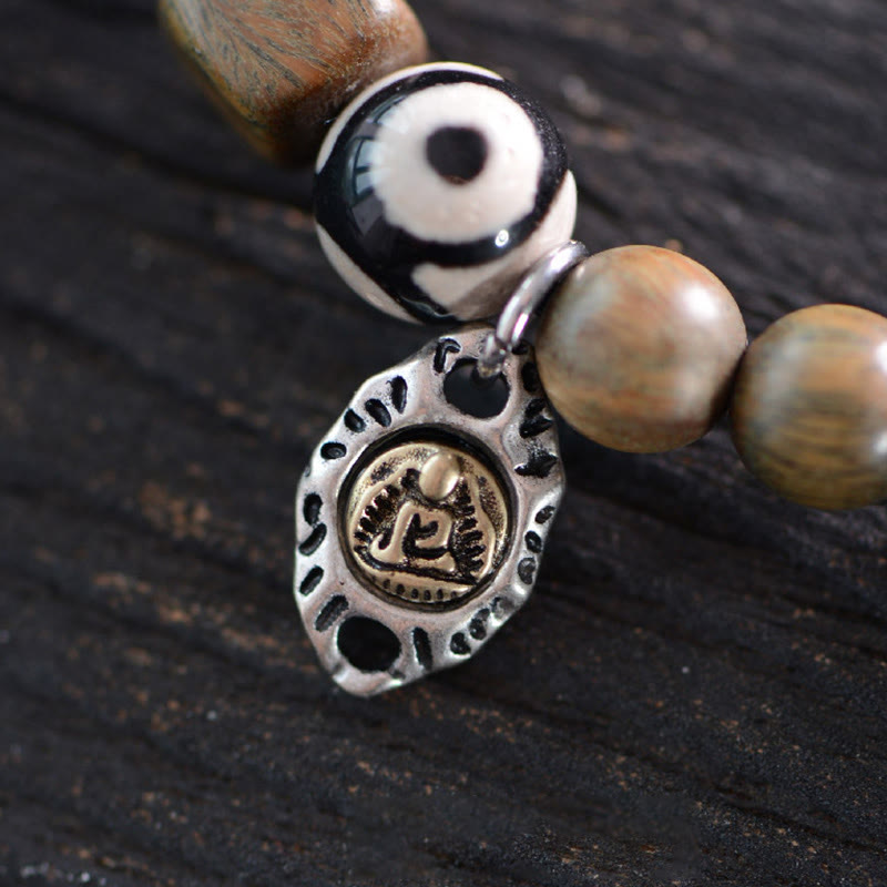 KarmaRipple's Tibetan Green Sandalwood Ebony Wood Three-eyed Dzi Bead Fu Character Balance Peace Double Wrap Bracelet p7