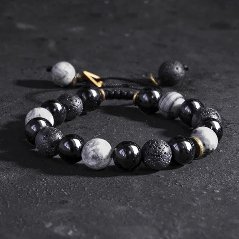 KarmaRipple's Black Obsidian Lava Rock Stone Yin Yang Strength Bracelet p2