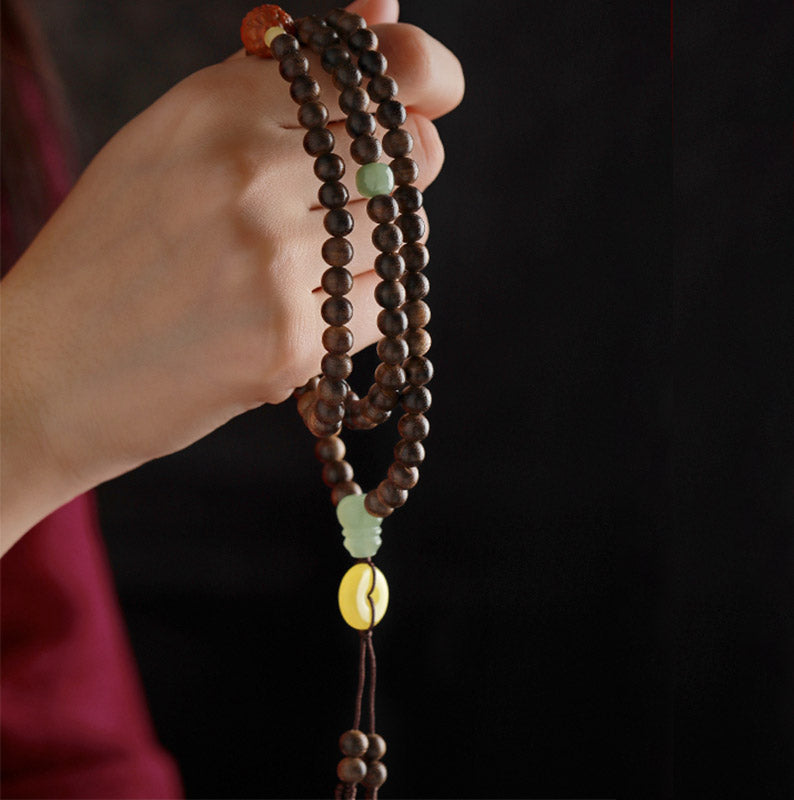 KarmaRipple's 108 Mala Beadwork Kalimantan Agarwood Gourd Jade Amber Balance Bracelet p3