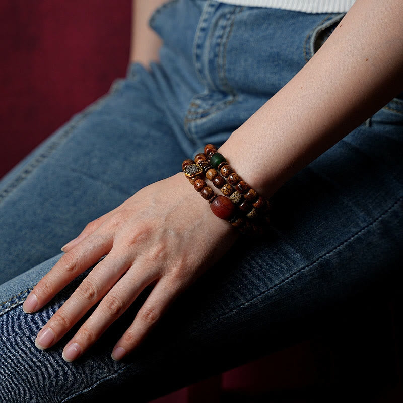 KarmaRipple's Tibetan Bodhi Seed Amber Dzi Bead Agate Zakiram Goddess of Wealth Beadwork Triple Wrap Bracelet p13