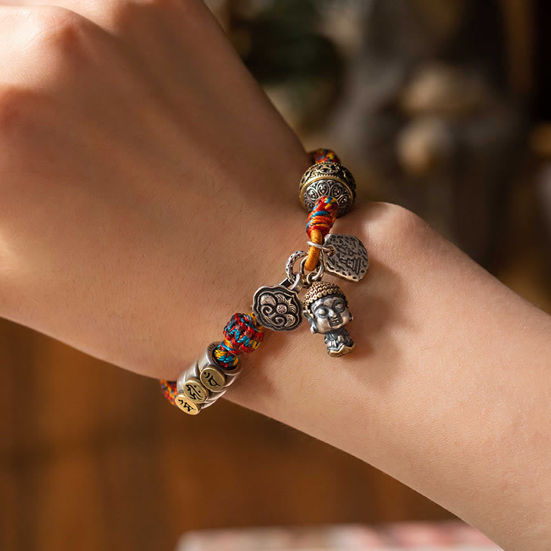 KarmaRipple's Handmade Tibetan 925 Sterling Silver Chinese Zodiac Natal Buddha Zakiram Goddess of Wealth Protection Multicolored Rope Woven Bracelet p19