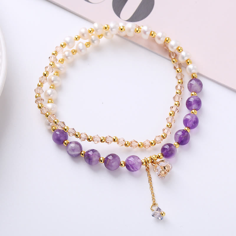 KarmaRipple's Authentic Amethyst Aquamarine Strawberry Quartz Pearl Peace Balancing Double Wrap Bracelet p12