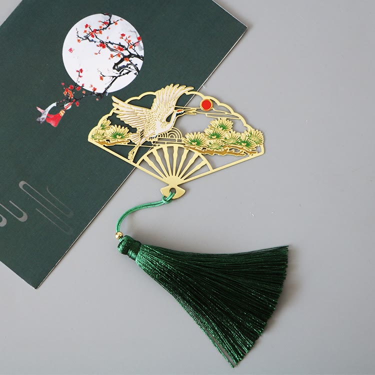 KarmaRipple's Traditional Butterfly Lotus Flower Crane Dragon Phoenix Fox Koi Fish New Beginning Metal Brass Hollow Fan Bookmarks p7