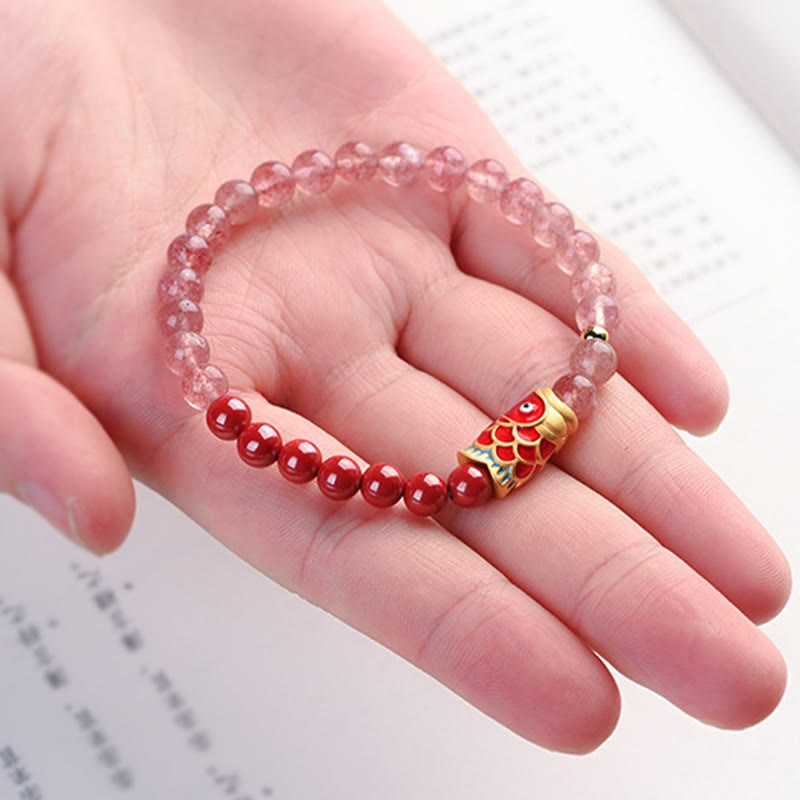 KarmaRipple's Authentic Strawberry Quartz Cinnabar Fortunate Koi Fish Balancing Bracelet p19