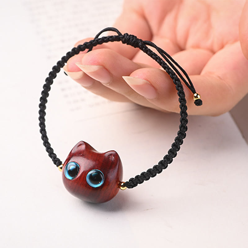 KarmaRipple's Small Leaf Red Sandalwood Ebony Wood Cute Cat Head Calm Protection Woven Bracelet p4