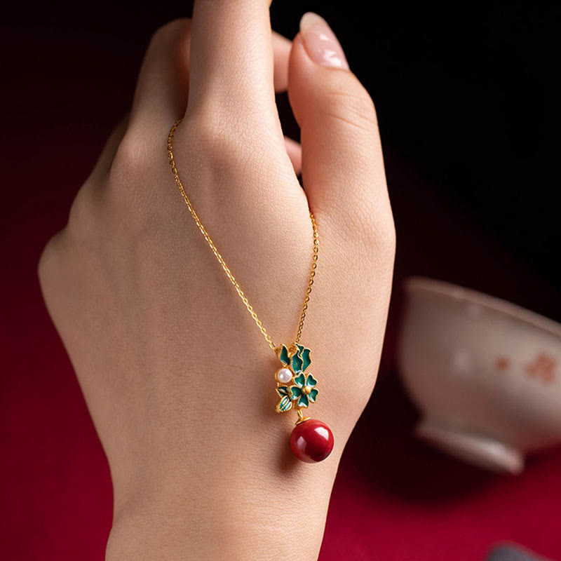 KarmaRipple's 925 Sterling Silver Plated Gold Cinnabar Pearl Flower Blessing Pendant Necklace Earrings Ring Set p8