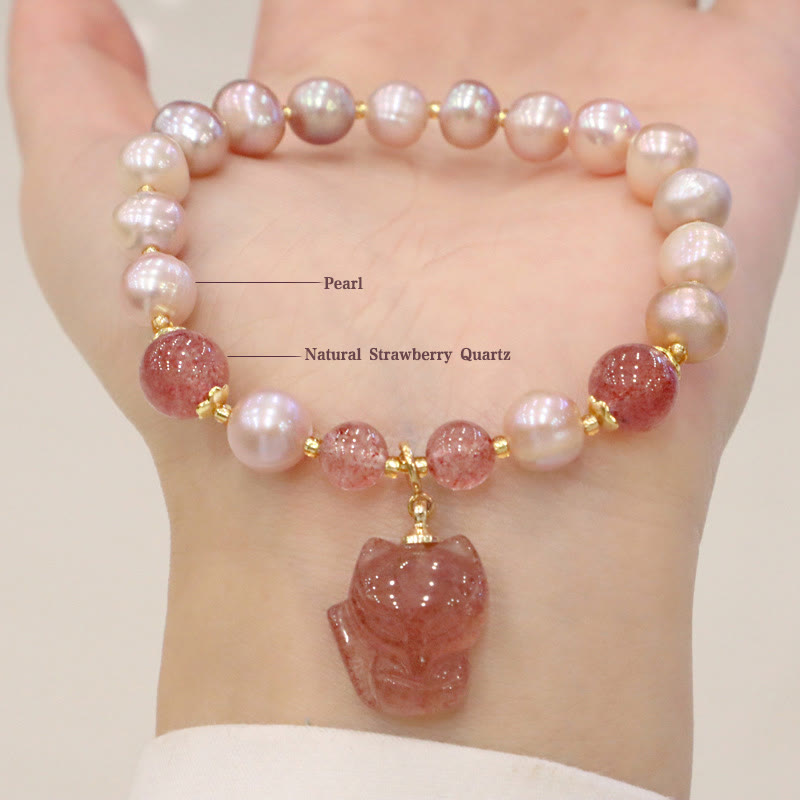 KarmaRipple's Authentic Pearl Strawberry Quartz Cute Fox Love Balancing Talisman Bracelet p13