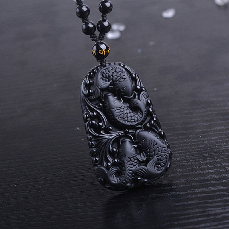 KarmaRipple's Black Obsidian Koi Fish Engraved Strength Beaded Pendant Necklace p15