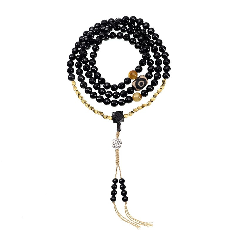 KarmaRipple's Tibetan 108 Mala Beadwork Black Onyx Three-eyed Dzi Beadwork Protection Bracelet p21