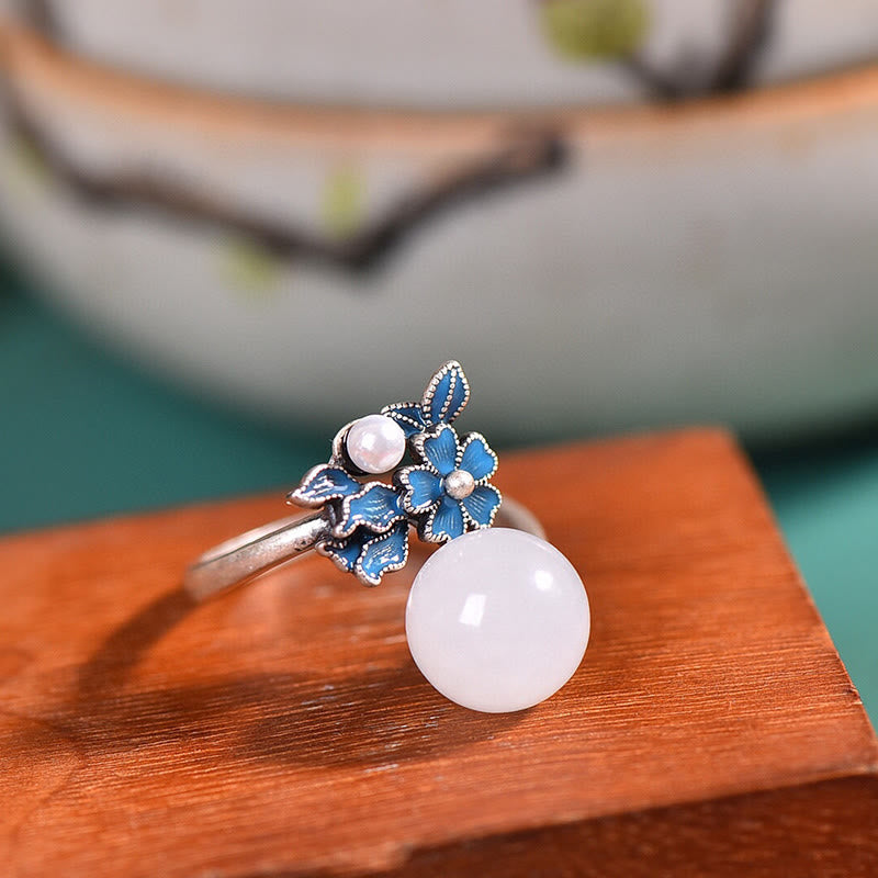 KarmaRipple's Ivory Jade 925 Sterling Silver Pearl Flower Blessing Pendant Necklace Ring Earrings p36