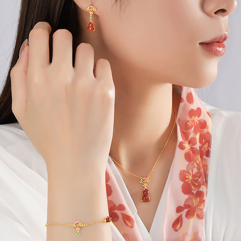 KarmaRipple's 925 Sterling Silver Red Agate Gourd Auspicious Clouds Confidence Bracelet Pendant Necklace Earrings Set p5