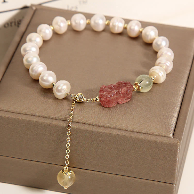KarmaRipple's Authentic Pearl Strawberry Quartz PiXiu Optimism Talisman Bracelet p9