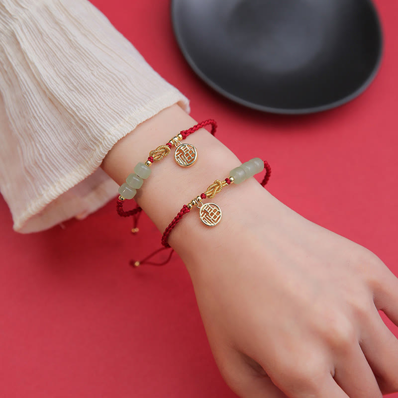 KarmaRipple's Handcrafted Jade Bead Fu Character Talisman Fortune Red Rope Bracelet p7