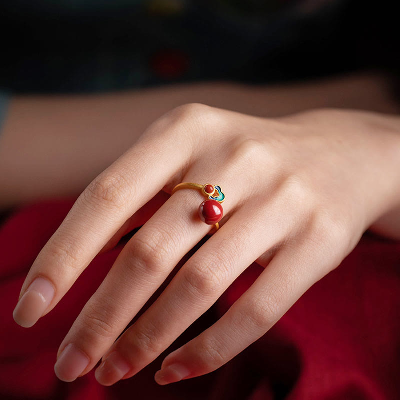 KarmaRipple's 925 Sterling Silver Plated Gold Cinnabar Red Agate Blessing Pendant Necklace Earrings Ring Set p21