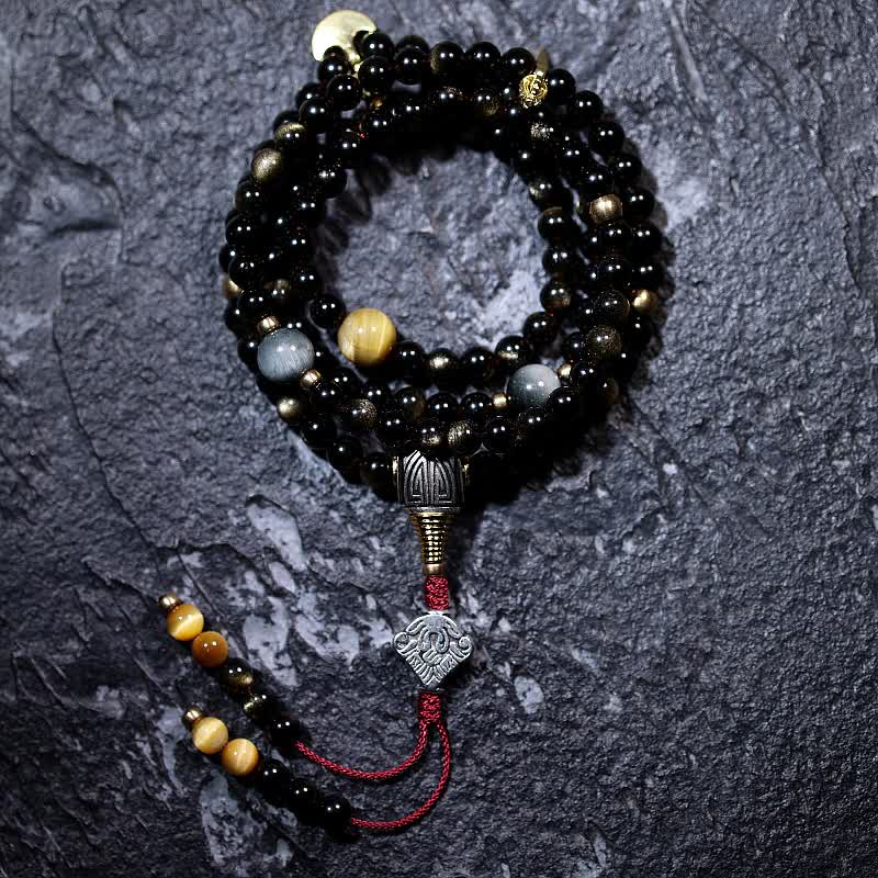 KarmaRipple's 108 Mala Beadwork Gold Sheen Obsidian Tiger Eye Eagle's Eye Stone Wealth Bracelet p5