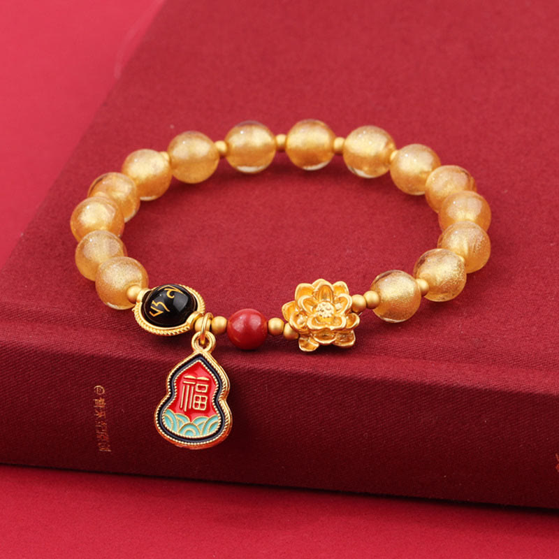 KarmaRipple's Tibet Om Mani Padme Hum Fu Character Gourd Talisman Lotus Liuli Glass Bead Fortune Bracelet p20