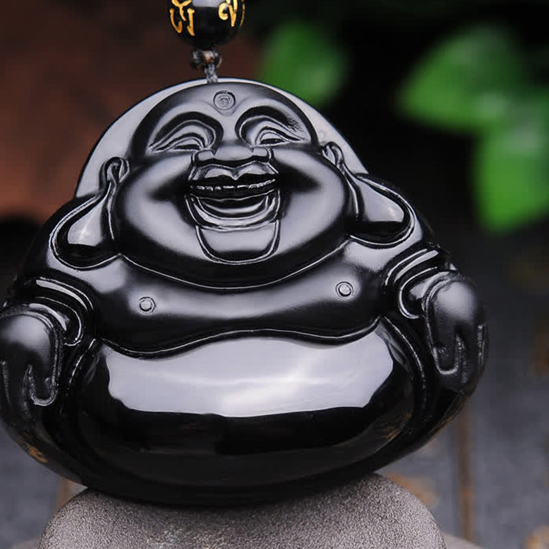 KarmaRipple's Laughing Buddha Black Obsidian Transformation Necklace Pendant p1
