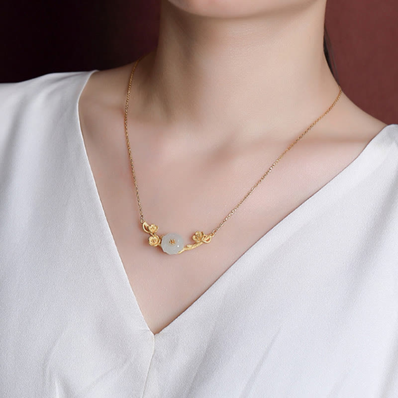 KarmaRipple's 925 Sterling Silver Plated Gold Hetian Jade Plum Blossom Fortune Pendant Necklace Bracelet Bangle Ring p8