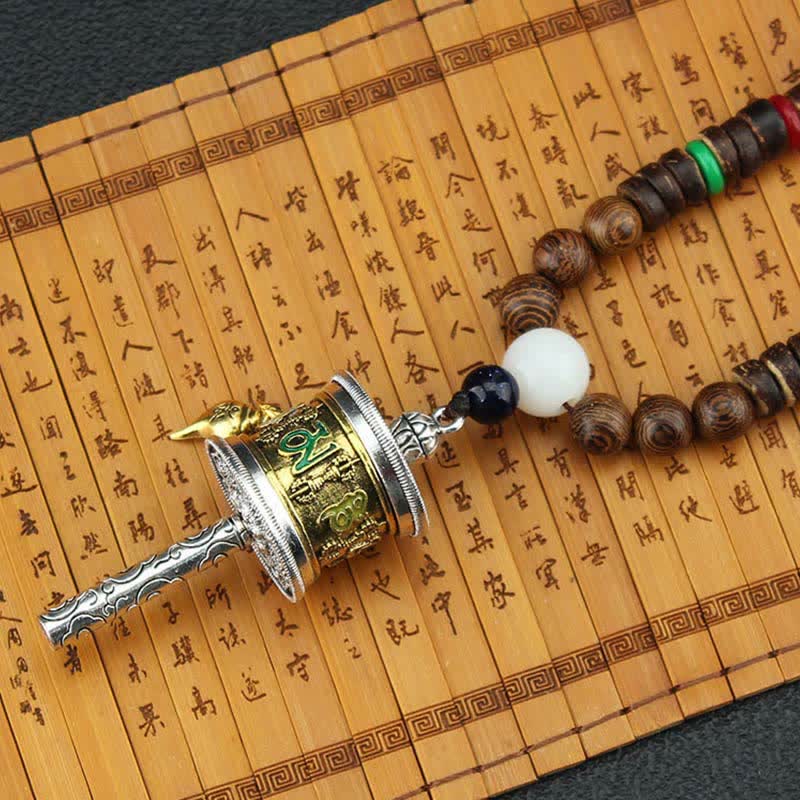 KarmaRipple's Tibetan Om Mani Padme Hum Prayer Wheel Rotation Vajra Wood Pendant Necklace p12