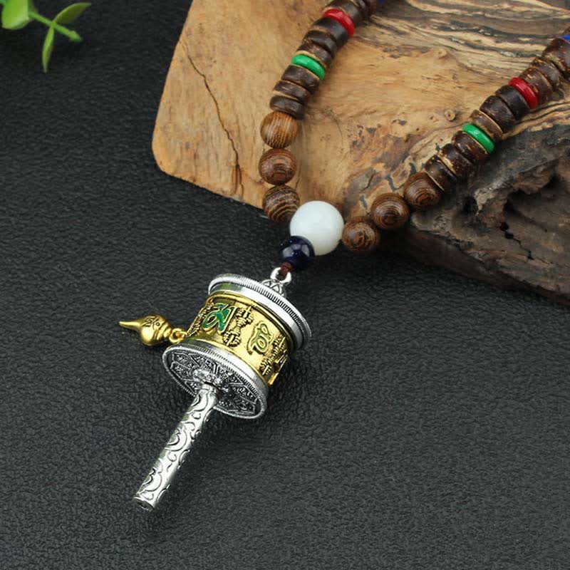 KarmaRipple's Tibetan Om Mani Padme Hum Prayer Wheel Rotation Vajra Wood Pendant Necklace p10