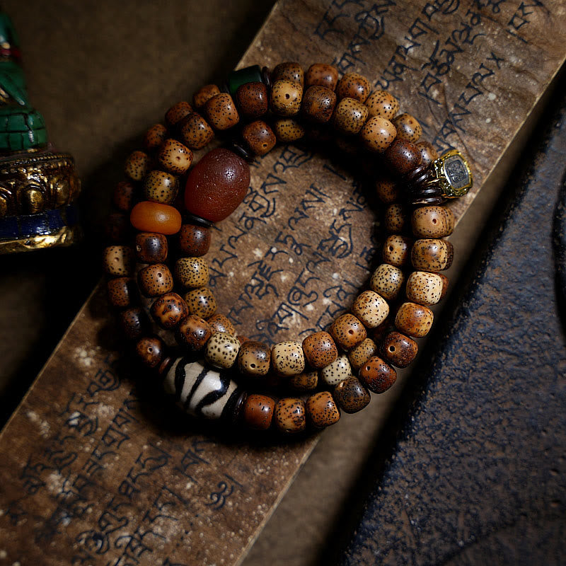 KarmaRipple's Tibetan Bodhi Seed Amber Dzi Bead Agate Zakiram Goddess of Wealth Beadwork Triple Wrap Bracelet p2
