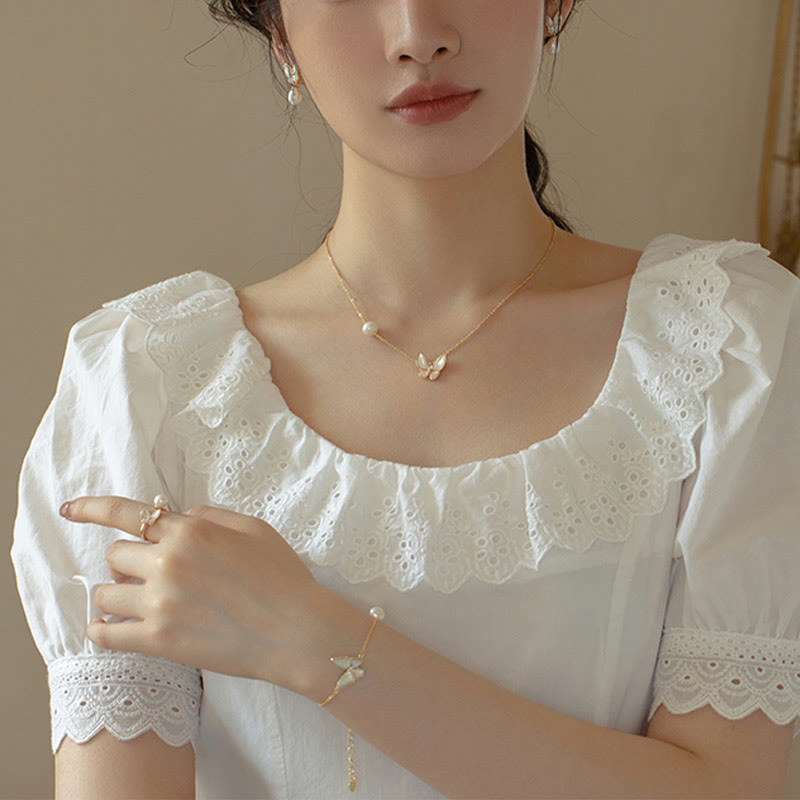 KarmaRipple's 14K Gold Plated Bronze Pearl Tridacna Stone Butterfly Blessing Ring Bracelet Pendant Necklace Earrings Set p10